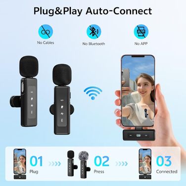 Бездротовий петличний мікрофон для iPhone/Android/iPad/комп'ютера, з шумозаглушенням, для запису відео, інтерв'ю, YouTube, Vlog, чорний
