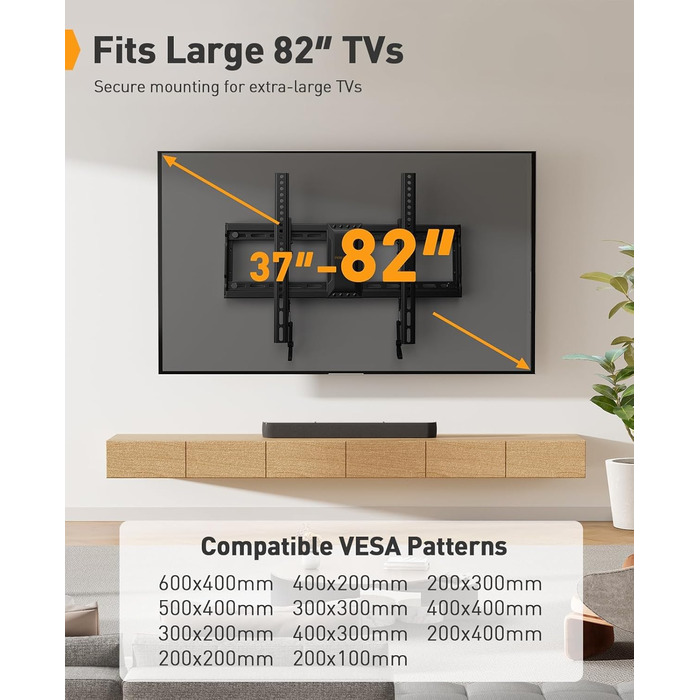 Настінне кріплення для телевізора Perlegear, похиле, 37-82 дюйми, LED/LCD/OLED/Plasma, VESA 600x400, до 60 кг