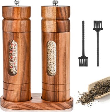 Herboom Salt and Pepper Grinder Wooden 2-Piece Set with Coasters, Cleaning Brush, Manual Ceramic Grinder Salt Mill Spice Grinder, for Pepper Salt Spices