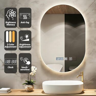 Дзеркало для ванної кімнати з підсвічуванням 50x70 см, з підігрівом, годинником, LED-підсвічуванням, сенсорною панеллю, функцією пам'яті, 3 кольори світла, регулювання яскравості