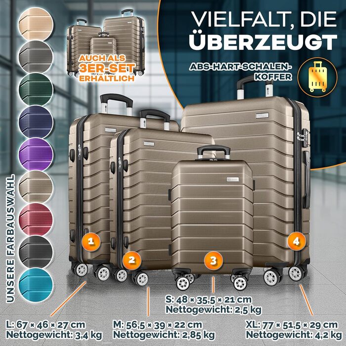 Набір валіз Tillvex® 4 шт. + ваги для багажу, 8 ременів та 4 бірки | Валізи на 4 колесах | Trolley з TSA замком | Жорсткий корпус S-M-L-XL (Рожеве золото, набір валіз 4 шт.)