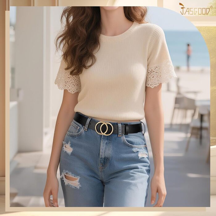 Жіночий шкіряний ремінь JasGood з подвійною кільцевою пряжкою для джинсів, штанів, суконь - чорний, XS (100 см, об'єм талії 65-75 см)