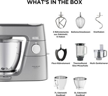Кухонний комбайн Kenwood Titanium Chef Baker XL KVL85.424SI з вагою, 2 чашами, 1200 Вт, 4 насадки для випічки, скляний блендер, подрібнювач, сріблястий