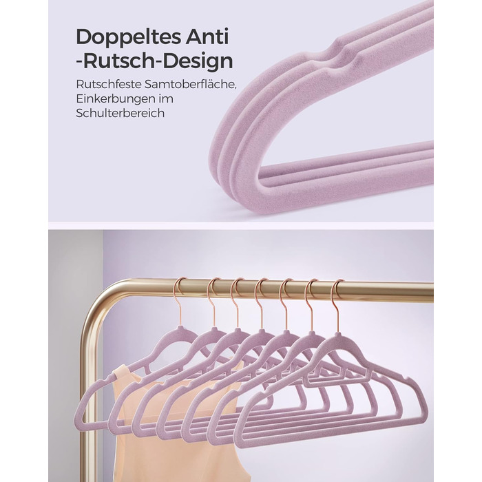 Плечики SONGMICS для одягу, 50 шт., велюрові, антиковзаючі, для краваток, 360° обертання, 0,6 см, економія місця, 43,5 см, для пальто, штанів, срібно-білі