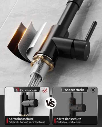 Кухонний змішувач Rainsworth з нержавіючої сталі, чорний, з висувною лійкою та двома струменями, 360° обертання, 45 см