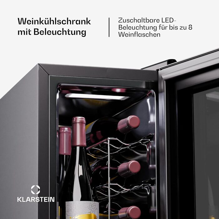 Витримайте вино з комфортом: Витримайте вино Klarstein Reserva Slim Uno - винний холодильник з LED-підсвіткою та UV-захистом