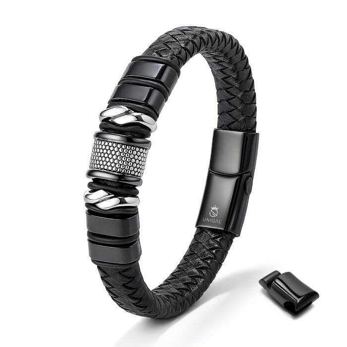 Чоловічий шкіряний браслет UNIQAL 'Premium Style' Mamba Black 23 см з нержавіючої сталі + Подарункова коробка