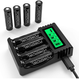 Акумулятори AA Powerowl 2800mAh NI-MH, 8 шт. з інтелектуальною зарядкою USB, 4 слоти, незалежні слоти