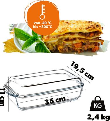 Жаростійка форма для запікання KADAX 3.95 л з кришкою, прямокутна скляна посудина для духовки та електроплити, прозора, для лазаньї та м'яса