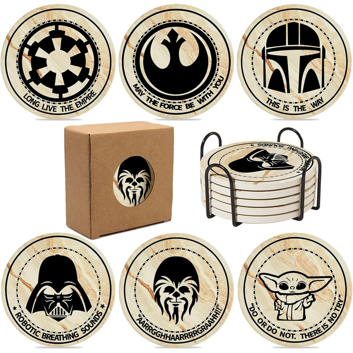 Drink Coasters, 6-Piece Funny Coaster Set with Coaster Holder, Stone and Cork Coasters for Coffee Table, Cute Coasters for Home Decor, Merchandise Gifts