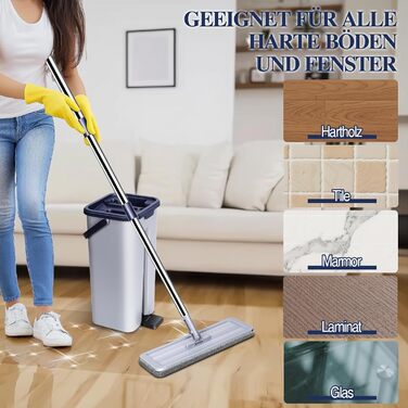 Набір для миття підлоги MASTERTOP з відром, моп з нержавіючою ручкою та 3 насадками, 2 в 1 набір відр та мопа, плоский моп з функцією віджиму для ламінату, плитки, твердої підлоги (Бежевий) (Набір для миття підлоги з відром: Сірий+Блакитний)