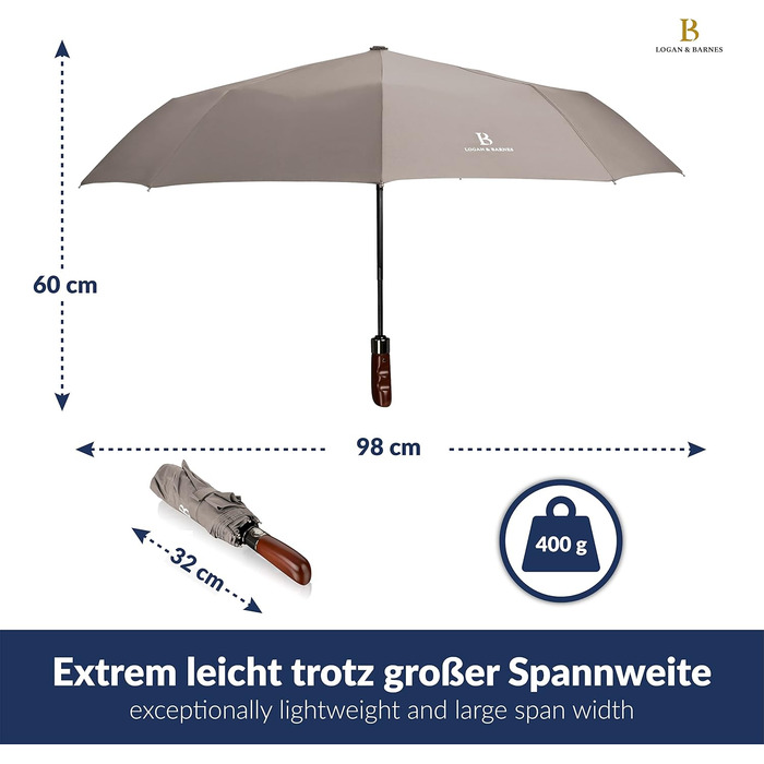 Чорний парасолька LOGAN & BARNES Dublin: стійкий до 140 км/год, з дерев'яною ручкою та тефлоновим покриттям