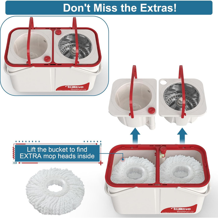 Набір для миття підлоги з відрі та вичавкою, 4-камерний mop з мікрофіброю, білий (19.68 x 10.43 x 11.02 см)