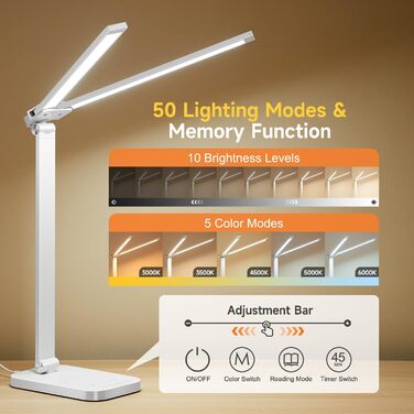 LED лампа для столу One Fire з адаптером, 1000 люмен, 96 LED, диммер, таймер, світлова пам'ять, для дітей, денне світло, для читання