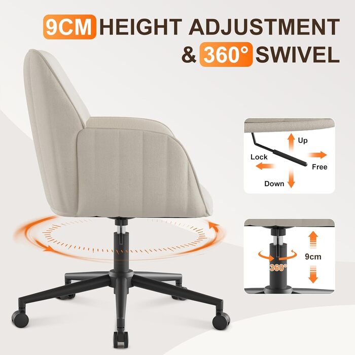 Офісний стілець для дому та офісу до 136 кг, обертовий, оксамитовий, з підлокітниками та колесами, ергономічний, білий. Стільчик для макіяжу, регульована висота.