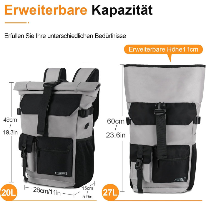 Roll-top Backpack Waterproof, 27L Large Backpack Men Women, School Backpack with 17.3 inch Laptop Compartment, Travel Backpack Hiking Backpack for Business Work University Travel Leisure (Gray)