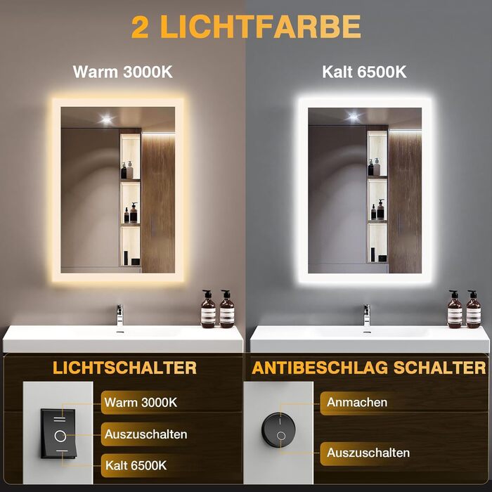 Дзеркало для ванної кімнати з підсвічуванням 50x70 см, LED, антизапар, 2 кольори світла (3000K/6500K), прямокутне, без рами