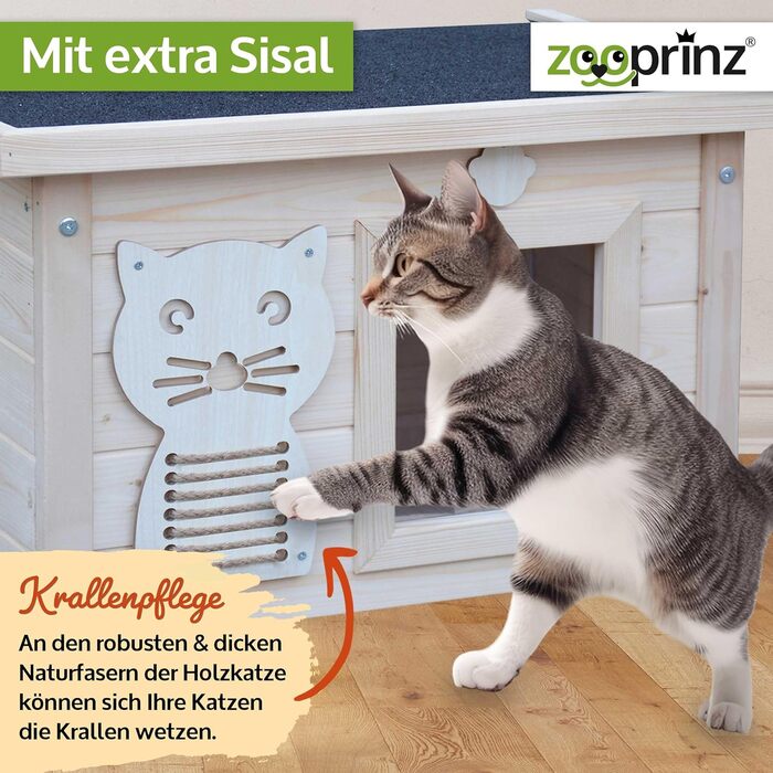 zooprinz Premium Wooden Cat House – Cat Box with Roof for Opening, Window and Swing Door – Sisal Scratching Band on the Cat Box – Weatherproof for Garden/Balcony – Indoor and Outdoor Shelter (Natural, Standard)