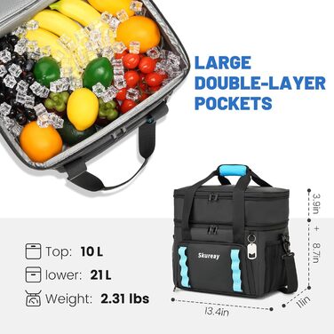 Велика розширювана сумка-холодильник з м'якого матеріалу, двоярусна ланч-сумка для жінок та чоловіків, вміщує 40 банок, вологостійка та портативна – ідеально для пляжу, кемпінгу, подорожей. Чорний колір