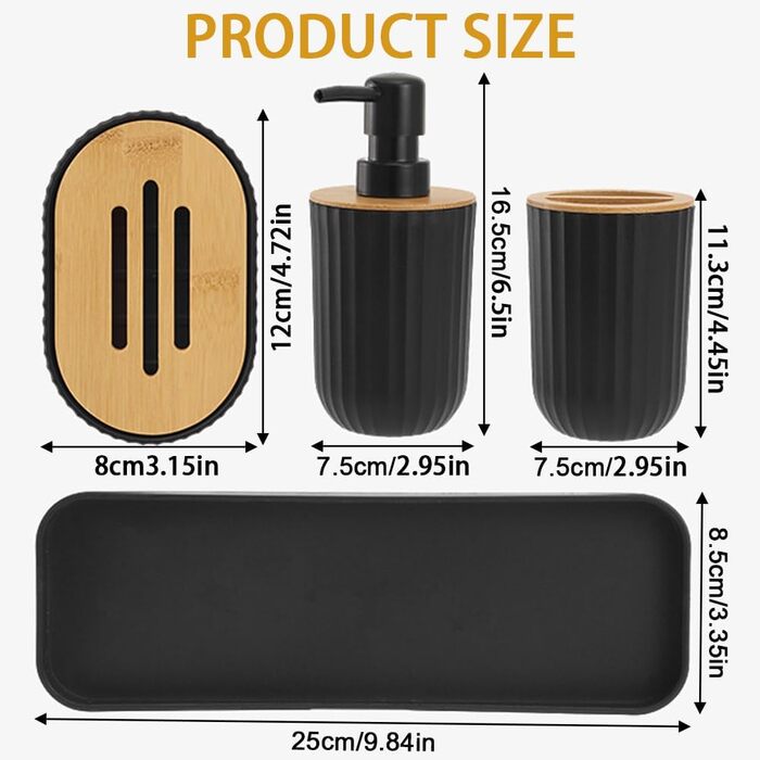 Чорний набір аксесуарів для ванної кімнати (5 шт.): мильниця, стакан, дозатор мила, тримач для зубних щіток, пластик