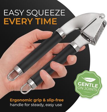 ORBLUE Прес для часнику з нержавіючої сталі – преміум-якісний подрібнювач, набір для чищення та подрібнення часнику, легко миється, безпечний для мийки, чорний