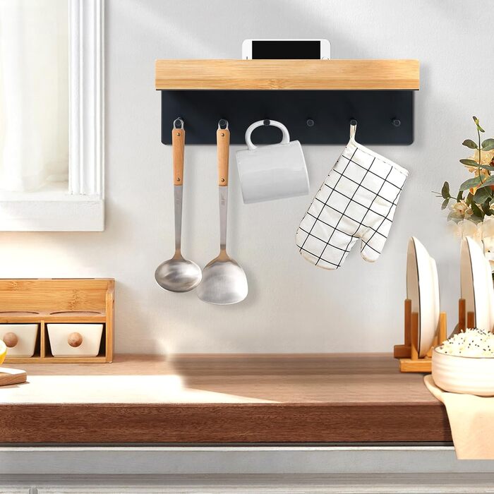 Дерев'яне ключниця з полицею, органайзер для ключів на 6 гачків, настінна дошка для ключів у прихожу, коридор, кухню