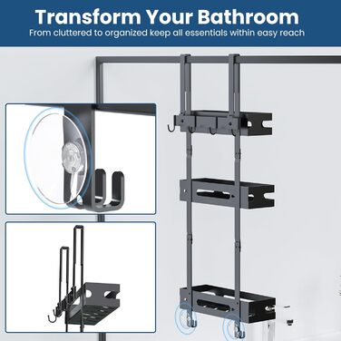 Настінна поличка для душу YEAUPE PRO 3 яруси – органайзер для ванної кімнати без свердління, з 2 присосками, 6 гачками, чорний, до 18 кг