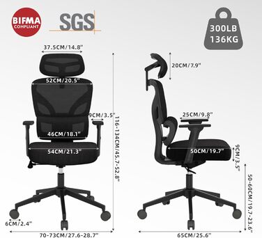 Ергономічне крісло для офісу та геймінгу з регульованою підголівником та 3D підлокітниками, підтримкою попереку, чорне