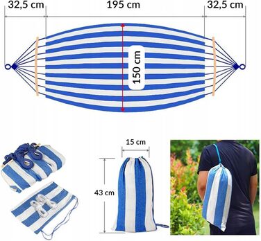 Гамак KRUMAD 260 см, до 250 кг, вологостійкий, бавовна-поліестер, для саду, балкону, кемпінгу, з дерев'яними розпірками та сумкою (блакитно-білий, без каркасу)