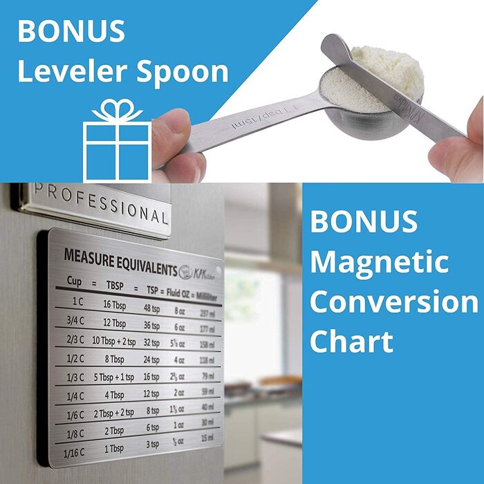 Stainless Steel Measuring Cups and Spoons Set, 16 Pieces, 7 Cups & 7 Spoons + Leveler & Chart - Metal Measuring Spoons and Cups - Stainless Steel Dry Measuring Cups & Liquid Metal