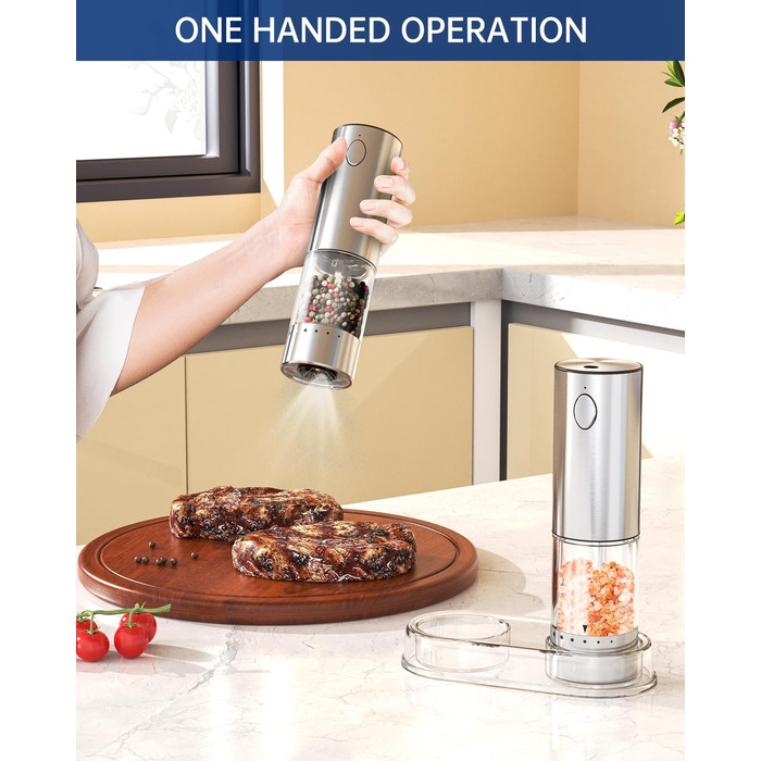 Електричні соляні та перечні млини CIRCLE JOY з нержавіючої сталі з підставкою, 95 мл, біле LED-підсвічування, регульована ступінь помелу, срібний колір