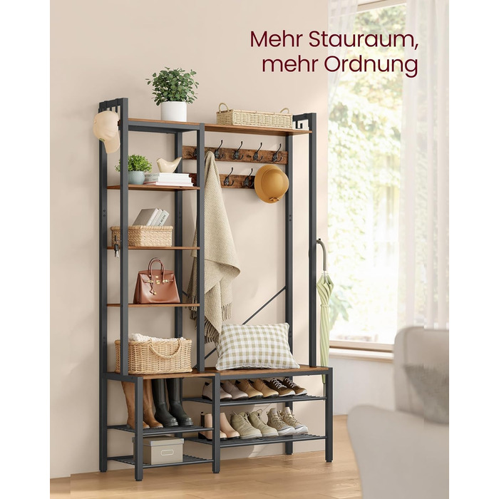 VASAGLE Coat Rack with Shoe Bench, Coat Rack, 5 Shelf Levels made of Particleboard, 9 Triple Hooks, 6 Side Hooks, 40 x 120 x 190 cm, Stone Gray-Ink Black HSR426B04 (Vintage Brown + Ink Black)