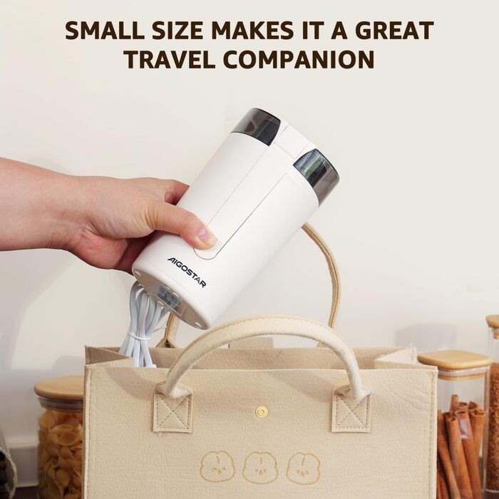 Електрична кавомолка Aigostar Blanche з регулюванням ступеня помелу, BPA Free, 60г, 200W, біла