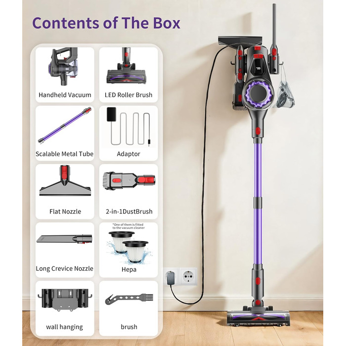 Бездротовий акумуляторний пилосос 450W, 40KPa, без мішка з HEPA-фільтром та LED-дисплеєм, антизаплутана щітка, самостійна підставка з кріпленням на стіну, час роботи 50 хв, для килимів, твердих підлог, шерсті тварин та авто