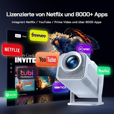 WOLFANG Міні проєктор 4K з Netflix, 26000 люмен, WiFi 6, Smart, 50% Zoom, корекція трапеції, 180° поворот, сумісний з TV Stick/iOS/Android/PC/PS5/HDMI/AV