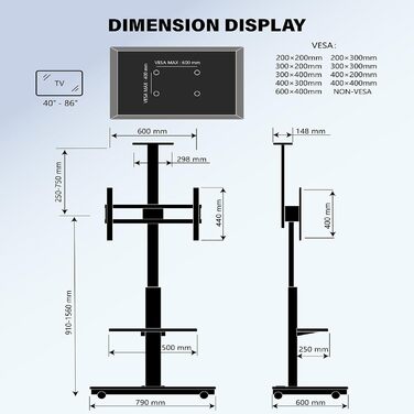 Моторний підставка для телевізора XTRARM Elite: регулювання висоти, VESA 600x400, максимальне навантаження 60 кг, з полицями та стійкою для кабелів (Білий/Чорний)