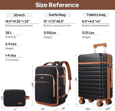 Набір валіз UKEIN 3 шт. з жорстким корпусом, для подорожей, з TSA замком та спіннер колесами. Включає рюкзак та косметичку. (Чорний/Коричневий)