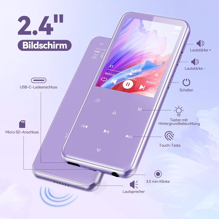 MP3 плеєр AGPTEK 64GB з Bluetooth 5.3, TFT-дисплеєм, FM-радіо та підтримкою до 128GB, фіолетовий