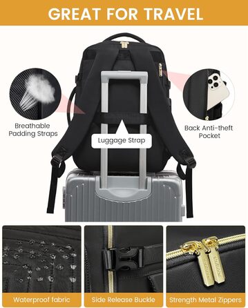 LOVEVOOK Рюкзак для ручної поклажі, 40L, водонепроникний, для ноутбука 17 дюймів, чорний, для подорожей та бізнесу