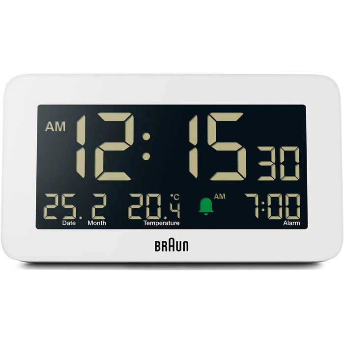 Braun Digital Alarm Clock with Date, Month, and Temperature Display, Negative LCD Display, Quick Set Function, and Gradual Alarm Sound in White, Model BC10W.
