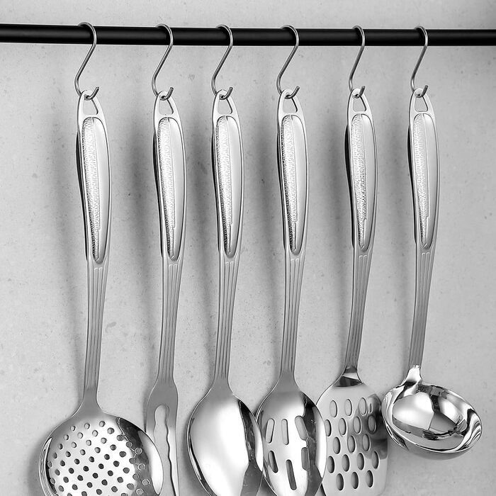 Stainless Steel Kitchen Utensil Set, 6-Piece, Cooking Utensil Sets, Kitchen Helper Essentials include a Metal Spatula Set, Slotted Spoon, Ladle, Serving Spoon, Skimmer, and Carving Fork.