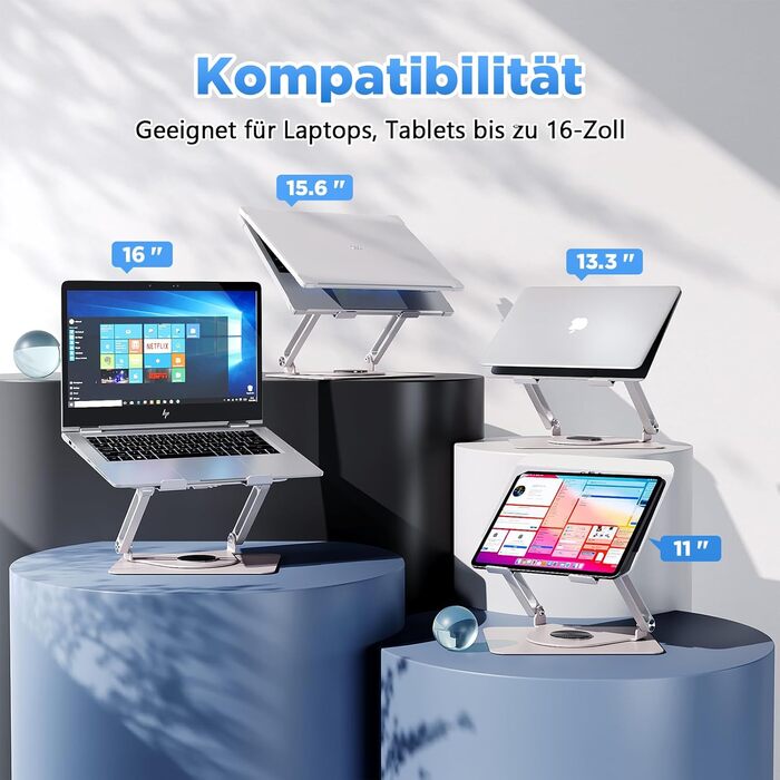 Підставка для ноутбука ICARE з магнітним кулером, 360° обертання, до 10 кг, тиха (18dB), для ноутбуків та планшетів до 16 дюймів, срібна