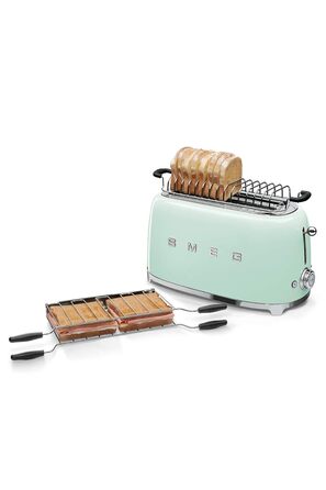 Тостер Smeg TSF02PBEU - 2 відділення для 4 скибочки хліба, 6 рівнів підсмажування, функція підігріву, розморожування та Bagel, знімний піддон, 1500W, пастельно-блакитний (пастельно-зелений)