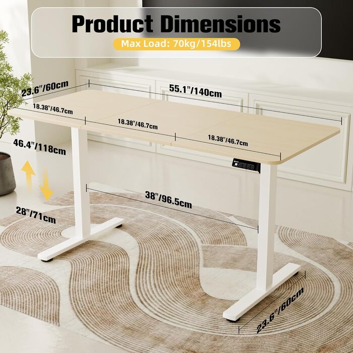 Ergonomaker Electric Height Adjustable Desk - Small Standing Desk with 2-Section Tabletop - Home Office Desk (White Frame + Oak Tabletop) - 140 x 60 cm