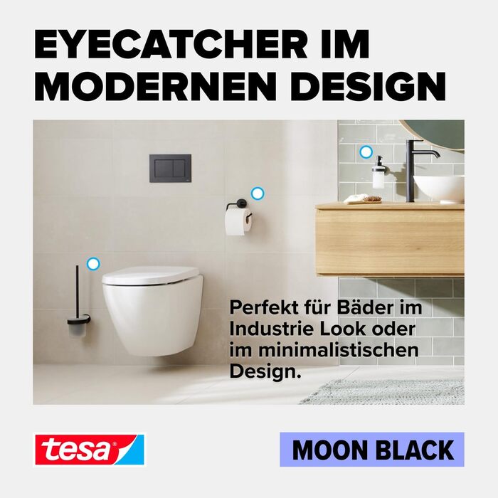 Тримач для туалетного паперу tesa Moon Black з кришкою, матовий чорний, настінний без свердління, з клеєм, 53x140x128 мм
