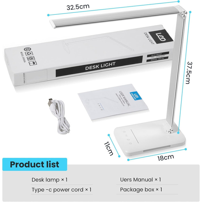 LED лампа настільна диммерна - 560LM, офісна лампа з 5 режимами кольору та 10 рівнями яскравості, з нічним світлом, USB-порт, функція пам'яті та таймер, 10W - білий сріблястий колір