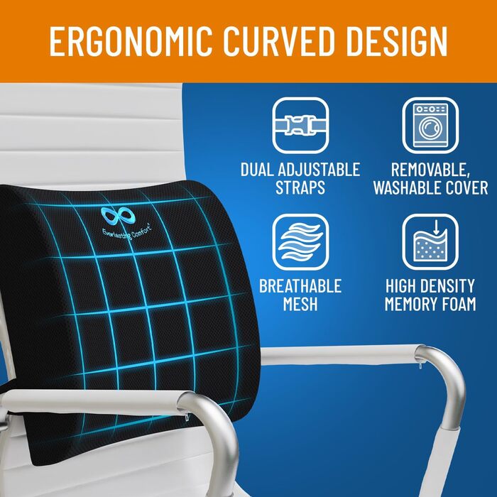 Набір подушок для сидіння та спини Everlasting Comfort – з Memory Foam та гелевою інфузією. Ергономічні подушки для офісного крісла, авто та геймінгу. Нековзкі, дихаючі та пранні (2. Оригінальна спинна подушка (Чорний))
