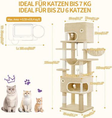 Кігтеточка для котів Hzuaneri XL (203 см) з платформою, печерами, колонами, гамаком та помпонами, бежева