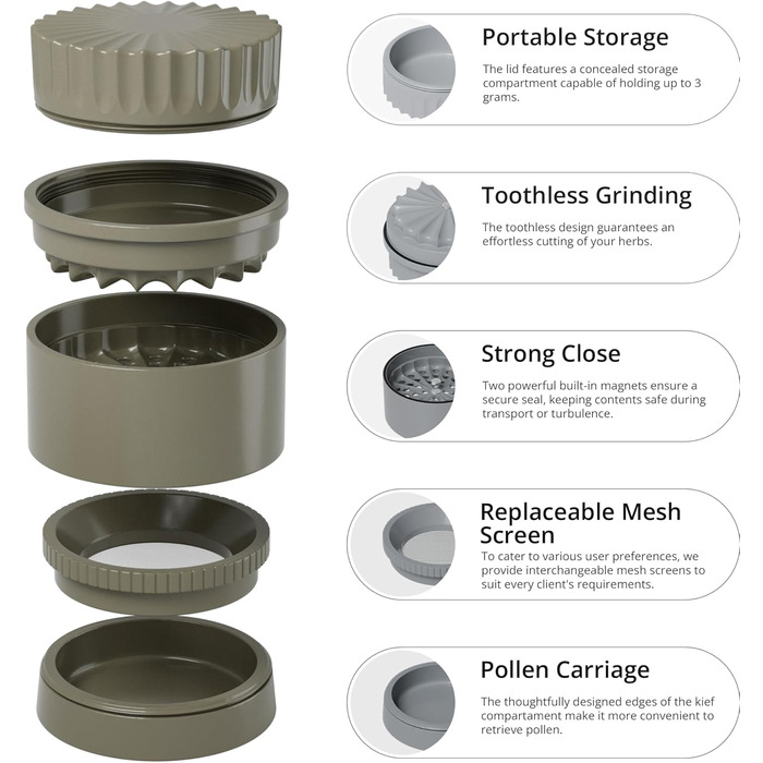 Toothless herb grinder Ø 63 mm | Nano-ceramic coated for non-stick grinding | 5-piece with integrated storage container in the lid (Mud)
