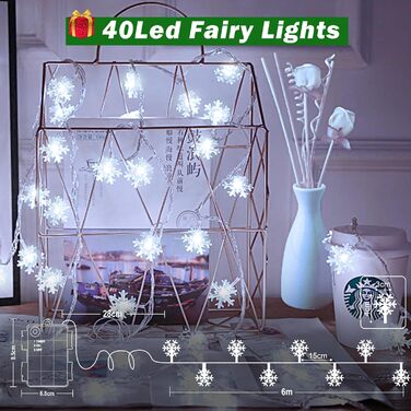LED гірлянда Шнефлоке Cshare, 6м, 40 LED, на батарейках, з таймером, IP65, вологостійка, для декорування саду, дому, кемпінгу, Різдва, тепле біле світло